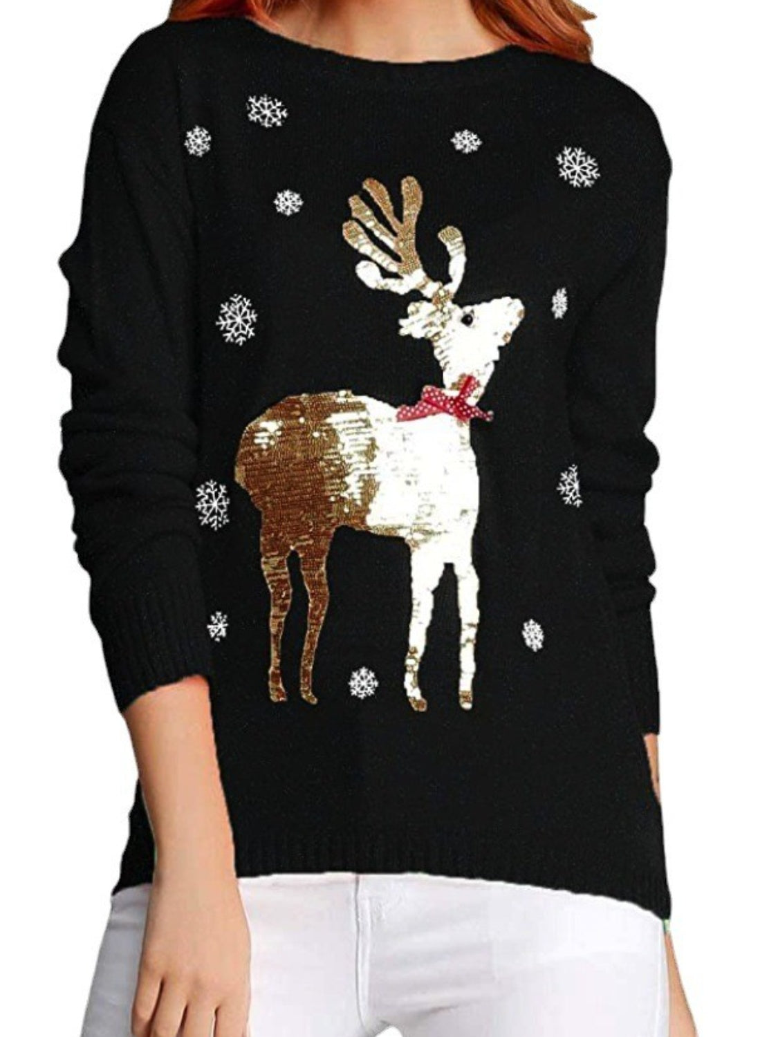 Sequin Reindeer Graphic Ugly Christmas Sweater