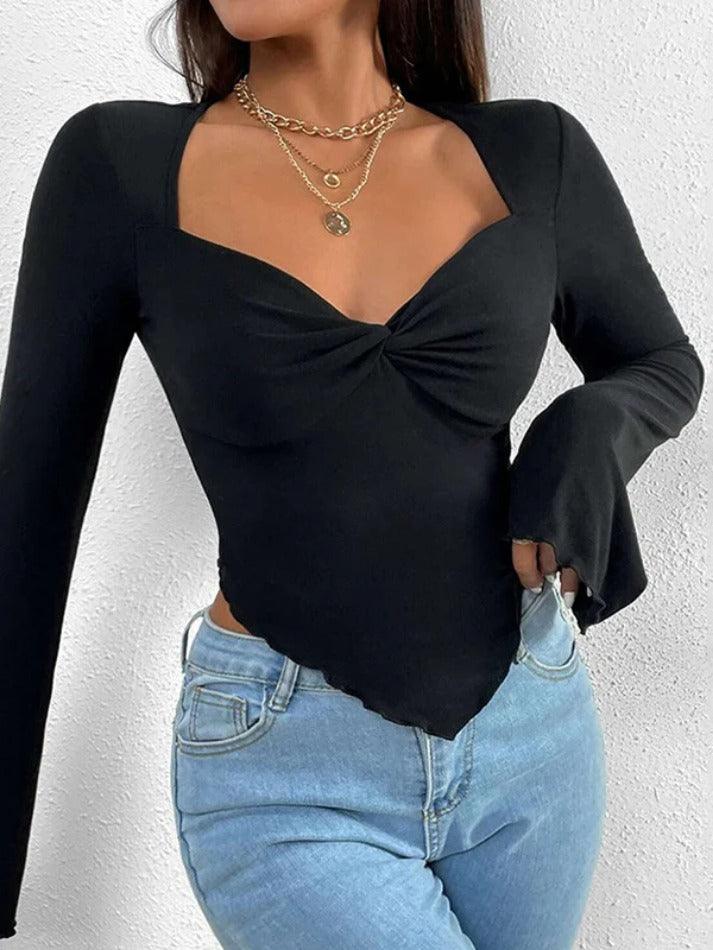 Solid V Neck Ruched Irregular Hem Knit Long Sleeve Tee - HouseofHalley