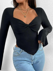 Solid V Neck Ruched Irregular Hem Knit Long Sleeve Tee - HouseofHalley