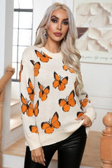 Butterfly Round Neck Long Sleeve Butterfly Sweater