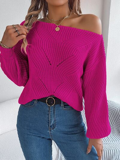 Openwork  Off The Shoulder Long Sleeve Sweater