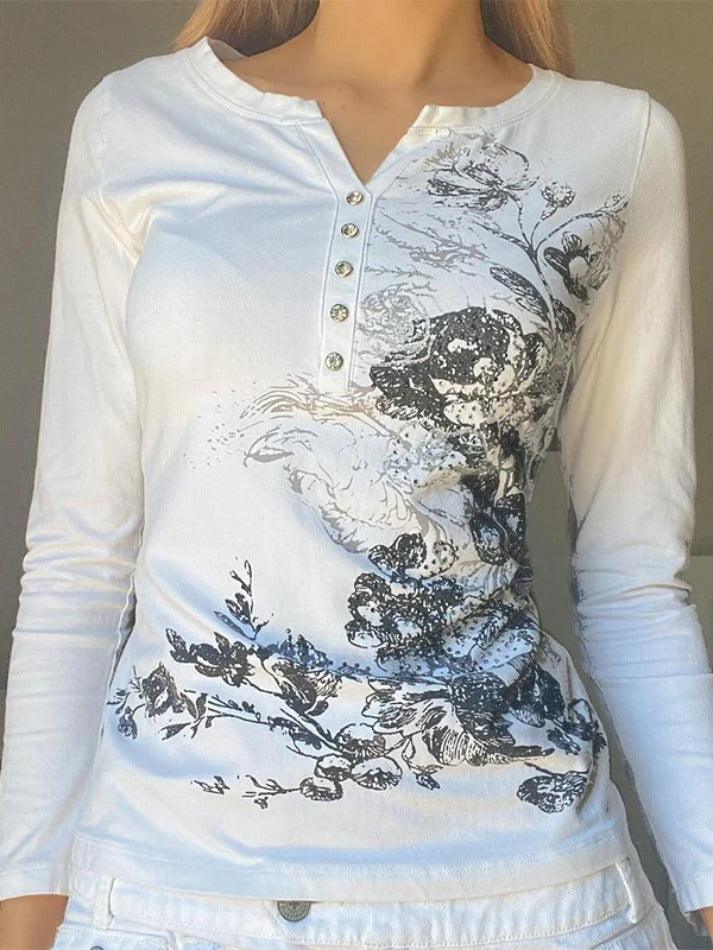 Rhinestone Floral Print Breasted Long Sleeve Tee - HouseofHalley
