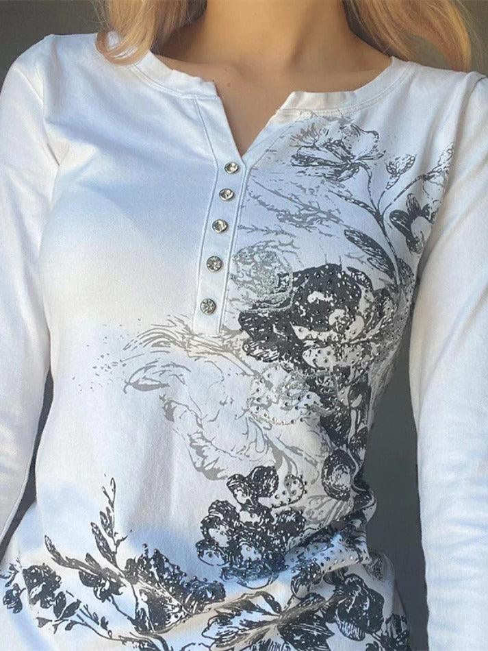 Rhinestone Floral Print Breasted Long Sleeve Tee - HouseofHalley