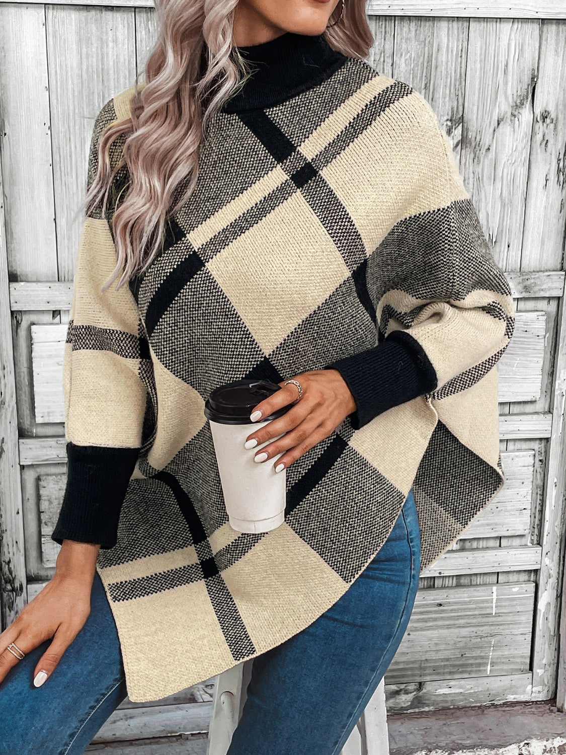 Plaid Turtleneck Poncho