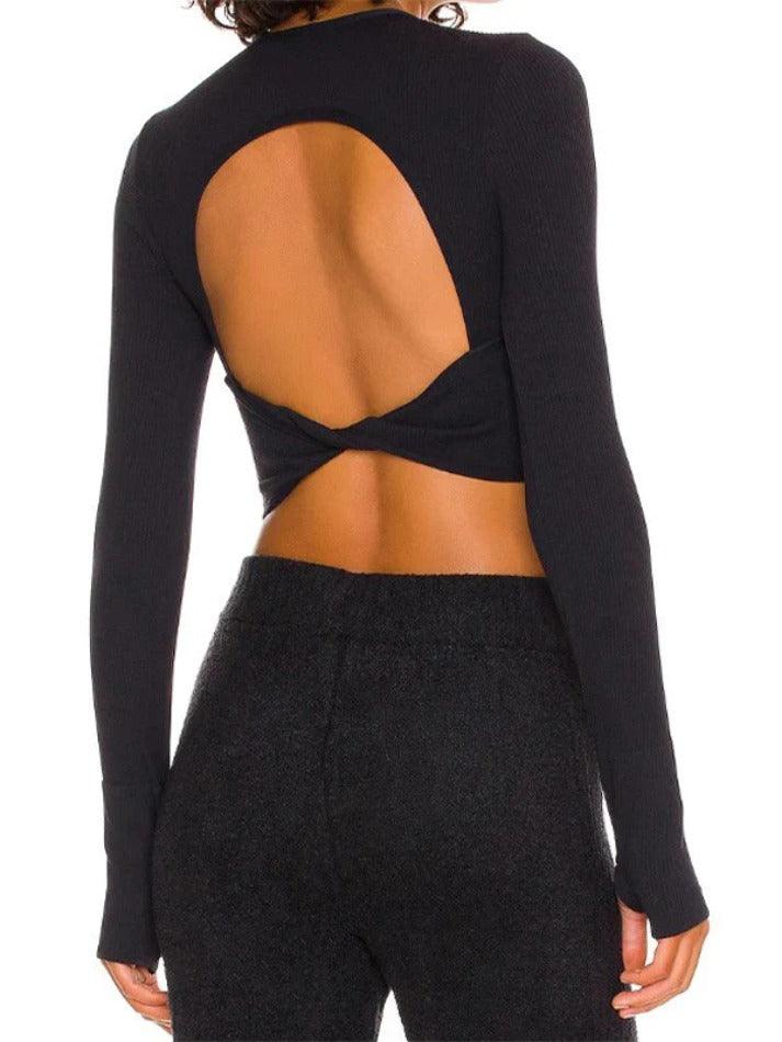 Sporty Solid Ribbed Twist Back Long Sleeve Tee - HouseofHalley