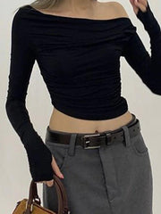 Solid Off Shoulder Asymmetric Design Long Sleeve Tee - HouseofHalley