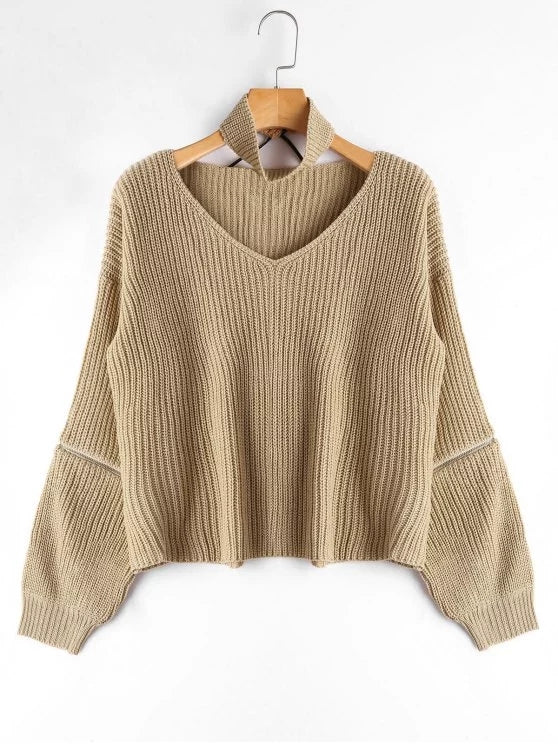 Chic Zipper Sleeve Chunky Choker Sweater