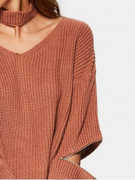 Chic Zipper Sleeve Chunky Choker Sweater