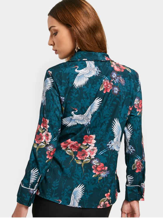 Stunning Floral Crane Print Wrap Blouse