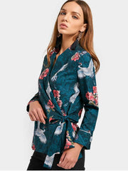 Stunning Floral Crane Print Wrap Blouse