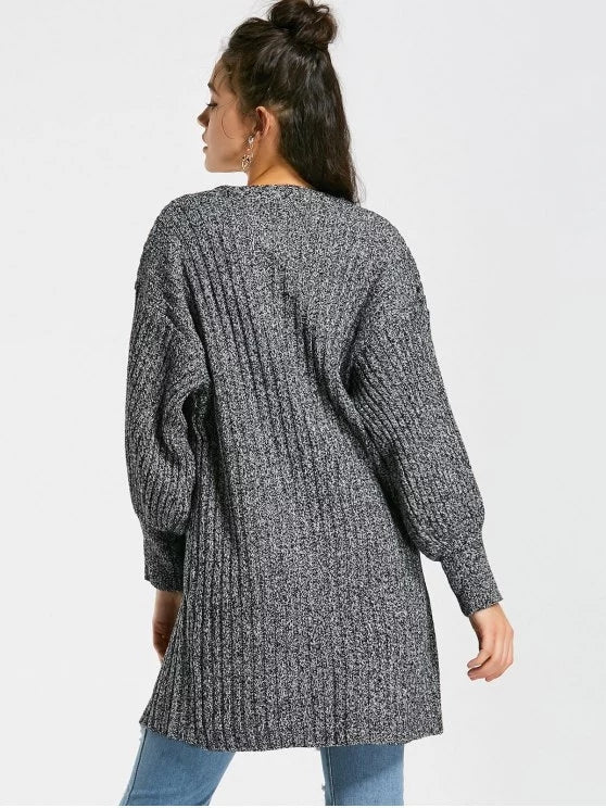 Fashion Heathered Lantern Sleeve Open Front Cardigan