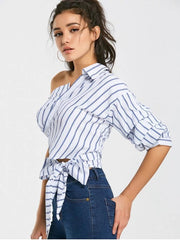 Yun Bow Tied One Shoulder Stripes Shirt