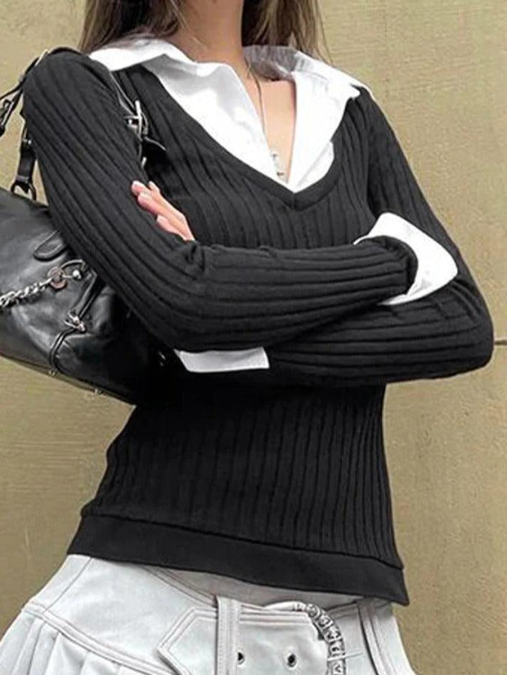 Polo Neck Splice Fake Two Piece Long Sleeve Knit - HouseofHalley