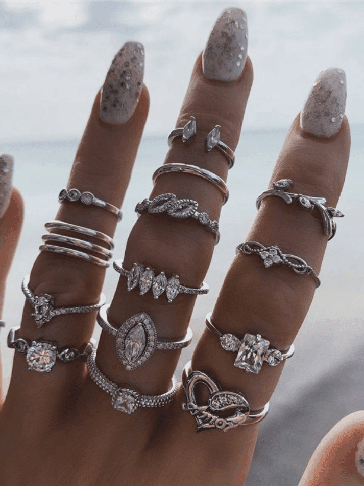 15pcs Rhinestone Silver Ring Set - HouseofHalley