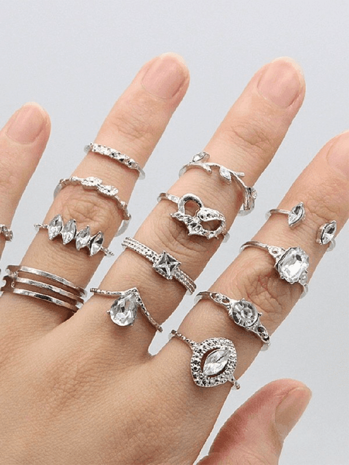 15pcs Rhinestone Silver Ring Set