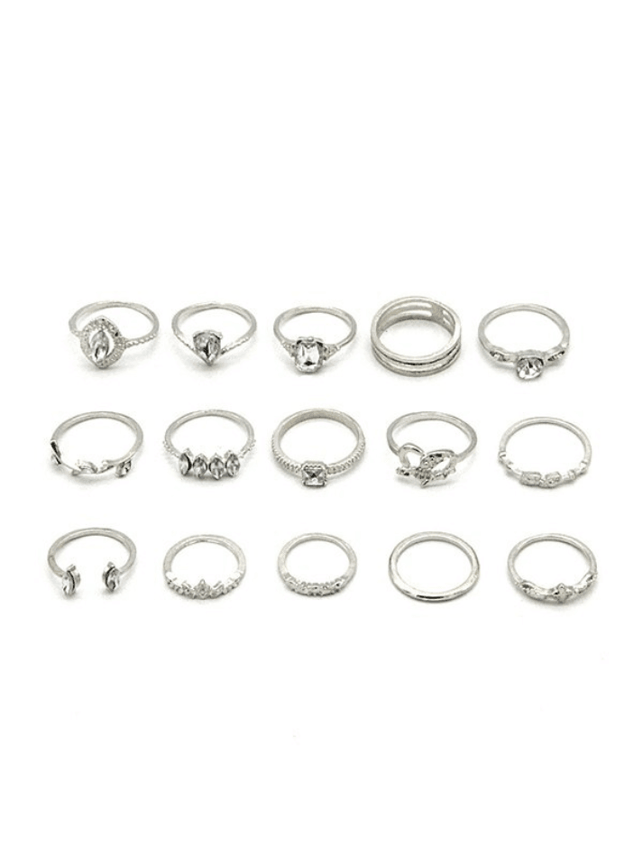 15pcs Rhinestone Silver Ring Set