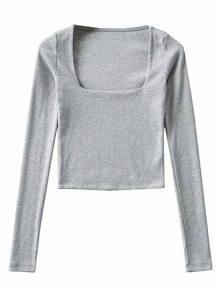 Long-Sleeve Square Neck Plain Cropped T-Shirt - HouseofHalley