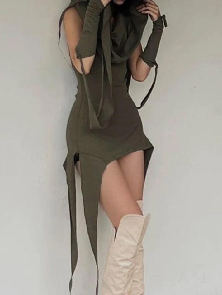 Hooded Stacked Irregular Hem With Sleeve Mini Dress