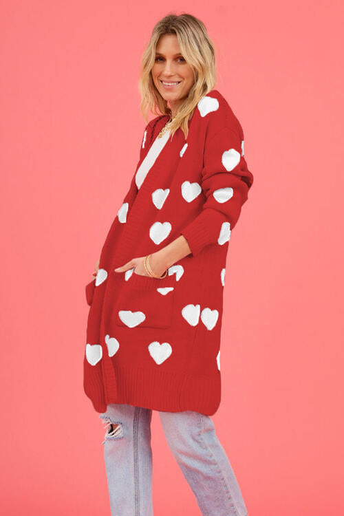 Heart Graphic Open Front Cardigan with Pockets Sweater