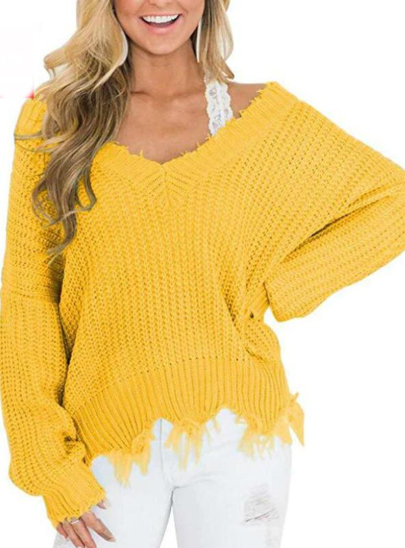 OFF THE SHOULDER SWEATER FOR WOMEN FRINGE DISTRESSED KNITTED