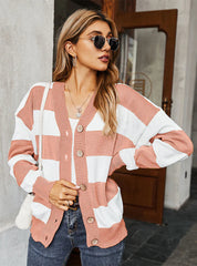 WOMEN LONG SLEEVE STRIPED CARDIGAN SWEATER