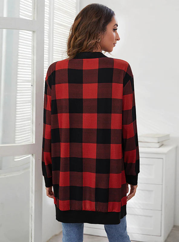 PLAID PRINT KNITTED CARDIGAN COAT