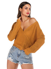 SOLID COLOR V-NECK BAT SLEEVE SWEATER