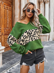 WOMEN V-NECK LEOPARD SWEATER