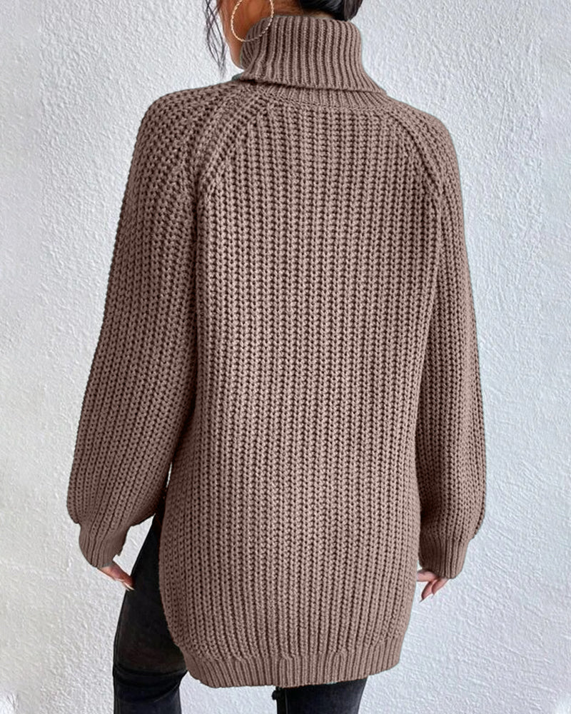 Raglan sleeve turtleneck slit sweater