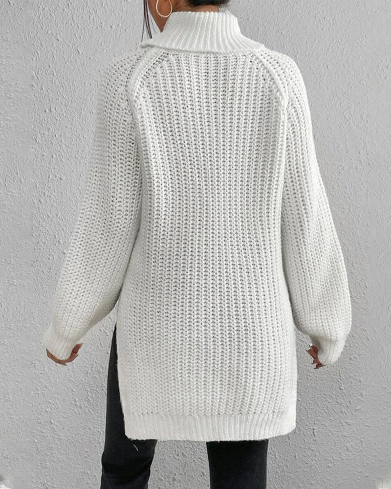 Raglan sleeve turtleneck slit sweater