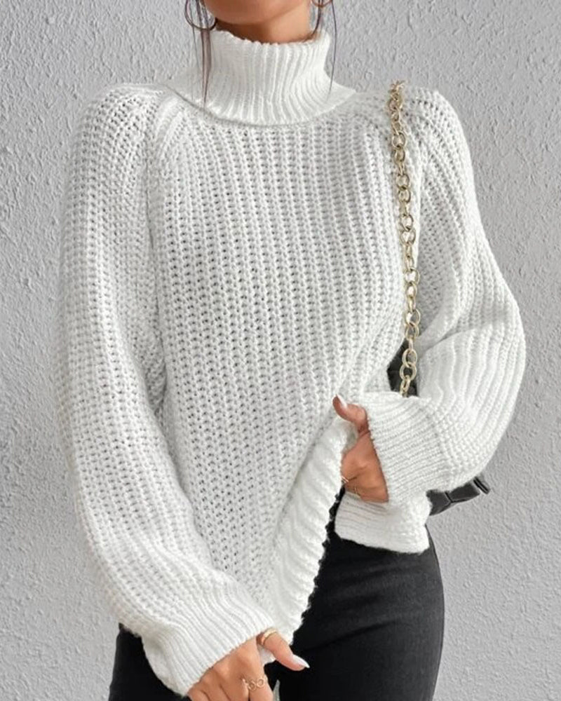 Raglan sleeve turtleneck slit sweater