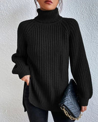 Raglan sleeve turtleneck slit sweater