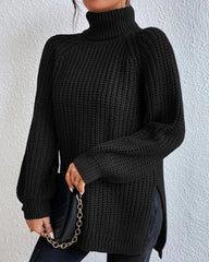 Raglan sleeve turtleneck slit sweater