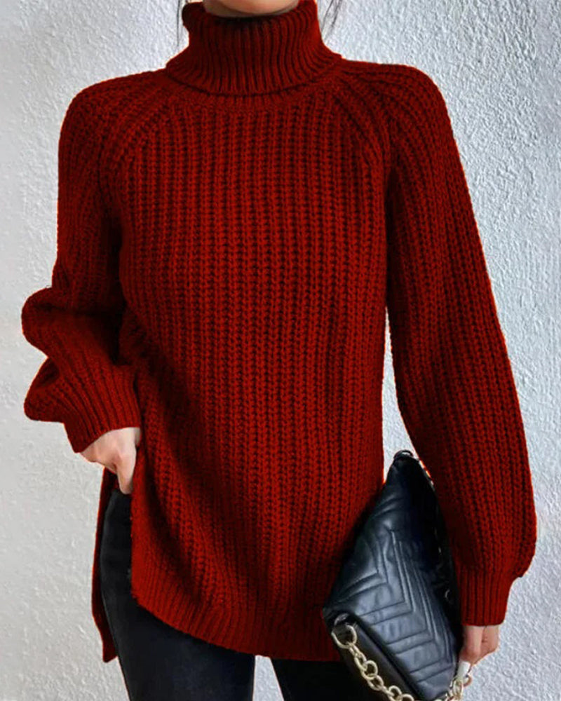 Raglan sleeve turtleneck slit sweater