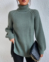 Raglan sleeve turtleneck slit sweater