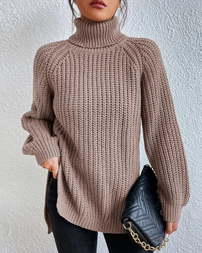 Raglan sleeve turtleneck slit sweater