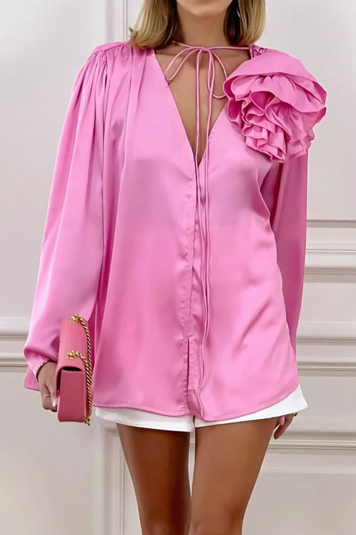 Pink V Neck Ruched Floral Lace-Up Blouse