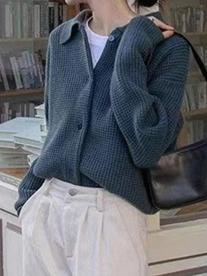 Solid Waffle Lapel Neck Cardigan - HouseofHalley