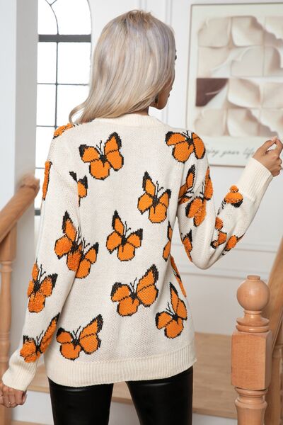 Butterfly Round Neck Long Sleeve Butterfly Sweater