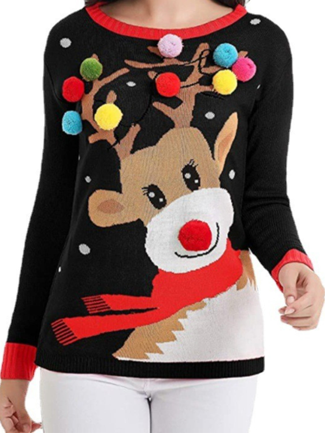 Rudolph Pom-Pom Trim Christmas Sweater