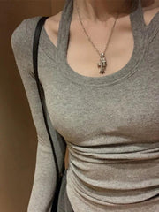 Solid Halter Backless Curvy Hem Long Sleeve Knit - HouseofHalley