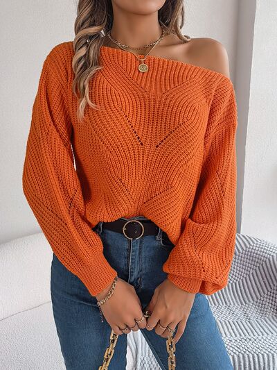 Openwork  Off The Shoulder Long Sleeve Sweater