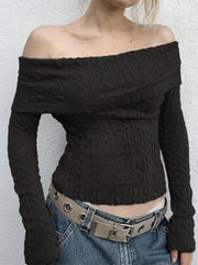 Solid Off Shoulder Slim Cable Knit Long Sleeve Knit - HouseofHalley