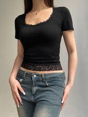 Lace Trim Splice Square Neck Crop Short Sleeve Tee - HouseofHalley