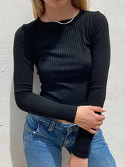 Solid Rib Crew Neck Slim Long Sleeve Knit - HouseofHalley