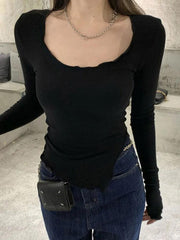 Solid Color Fungus Trim Irregular Hem Long Sleeve Knit - HouseofHalley