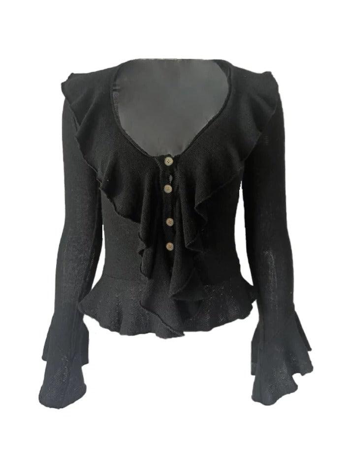 Solid V Neck Ruffle Long Sleeve Knit - HouseofHalley