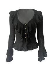 Solid V Neck Ruffle Long Sleeve Knit - HouseofHalley