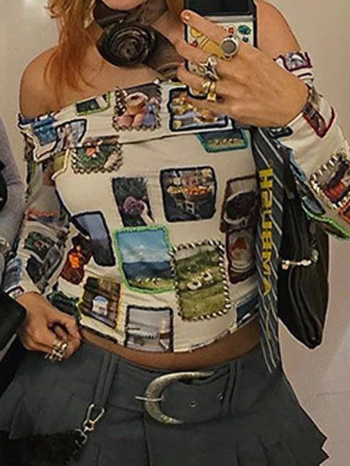 Stamp Print Off Shoulder Long Sleeve Tee - HouseofHalley