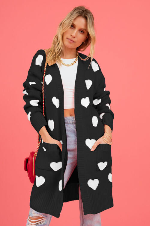 Heart Graphic Open Front Cardigan with Pockets Sweater